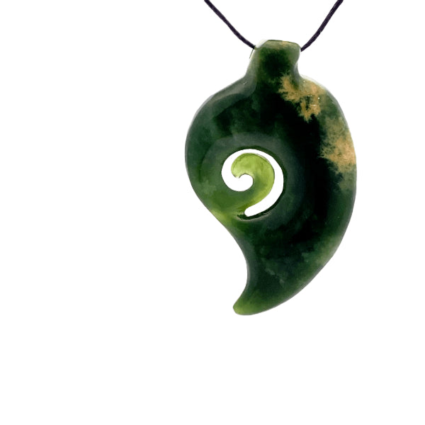 NZ pounamu greenstone engraved fern with koru necklace