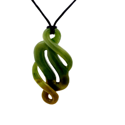 NZ pounamu greenstone twisted pendant on slider cord by Aden Hoglund