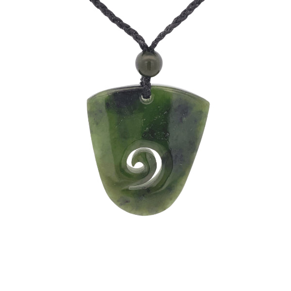 NZ pounamu greenstone shield shaped pendant with greenstone toggles on plaited slider cord