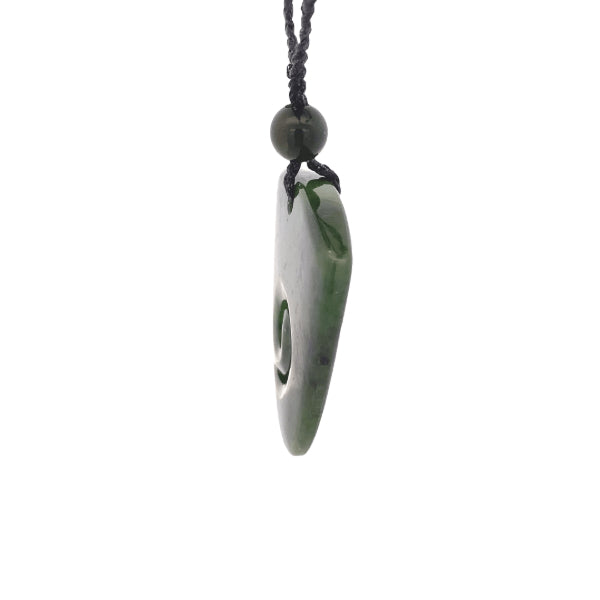 NZ pounamu greenstone shield shaped pendant with greenstone toggles on plaited slider cord