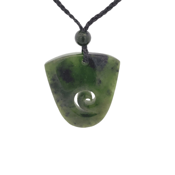 NZ pounamu greenstone shield shaped pendant with greenstone toggles on plaited slider cord