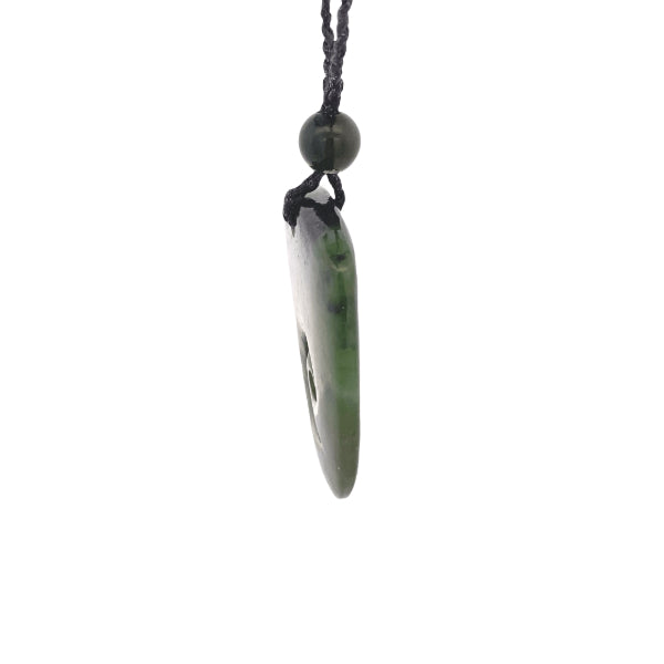 NZ pounamu greenstone shield shaped pendant with greenstone toggles on plaited slider cord