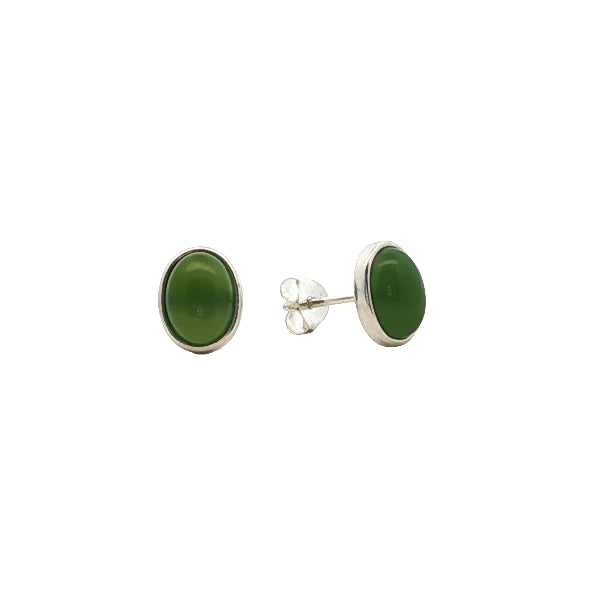 Greenstone oval rubover stud earrings in sterling silver