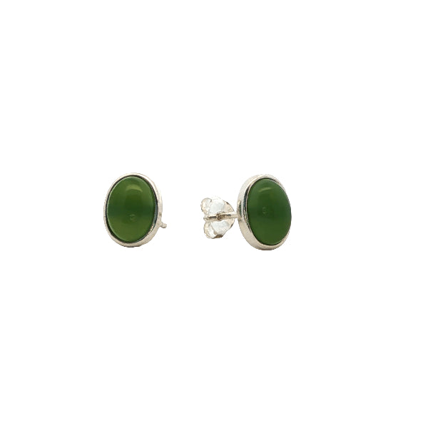 Greenstone oval rubover stud earrings in sterling silver