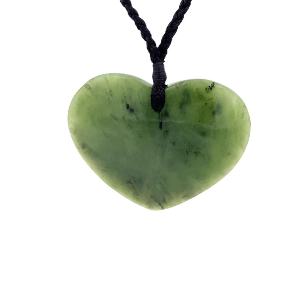 NZ pounamu greenstone heart pendant on black slider cord