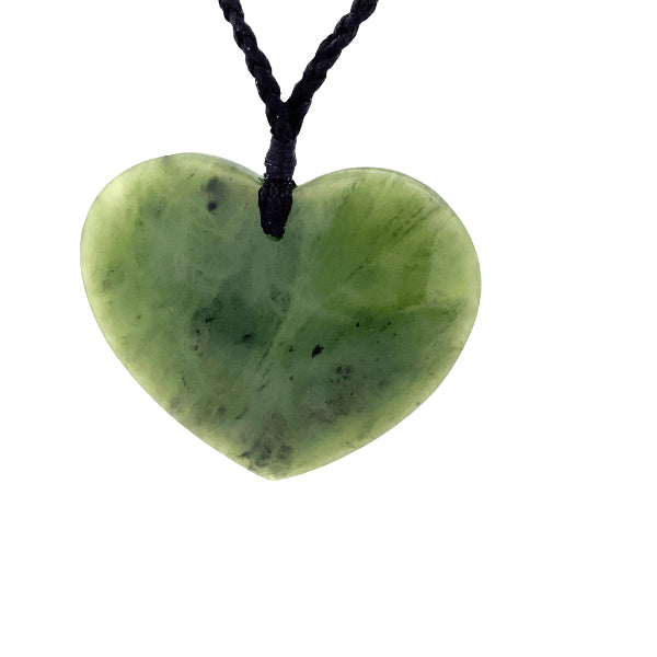 NZ pounamu greenstone heart pendant on black slider cord