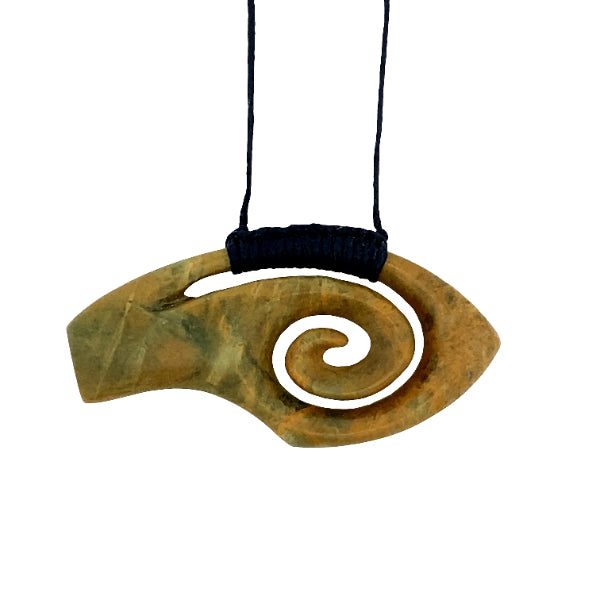 NZ pounamu greenstone flower jade breatplate with koru on slider cord