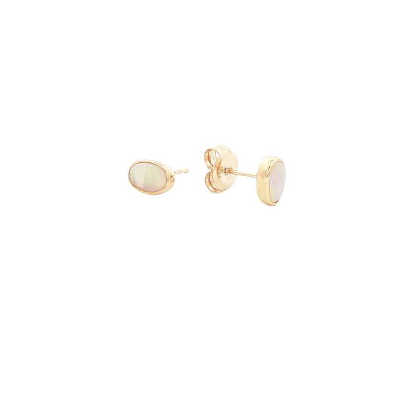 Oval Australian opal rubover stud earrings in 9ct yellow gold