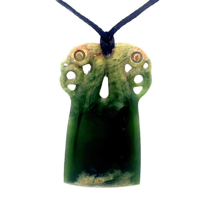 NZ pounamu greenstone bound toki with double manaia necklace on slider cord