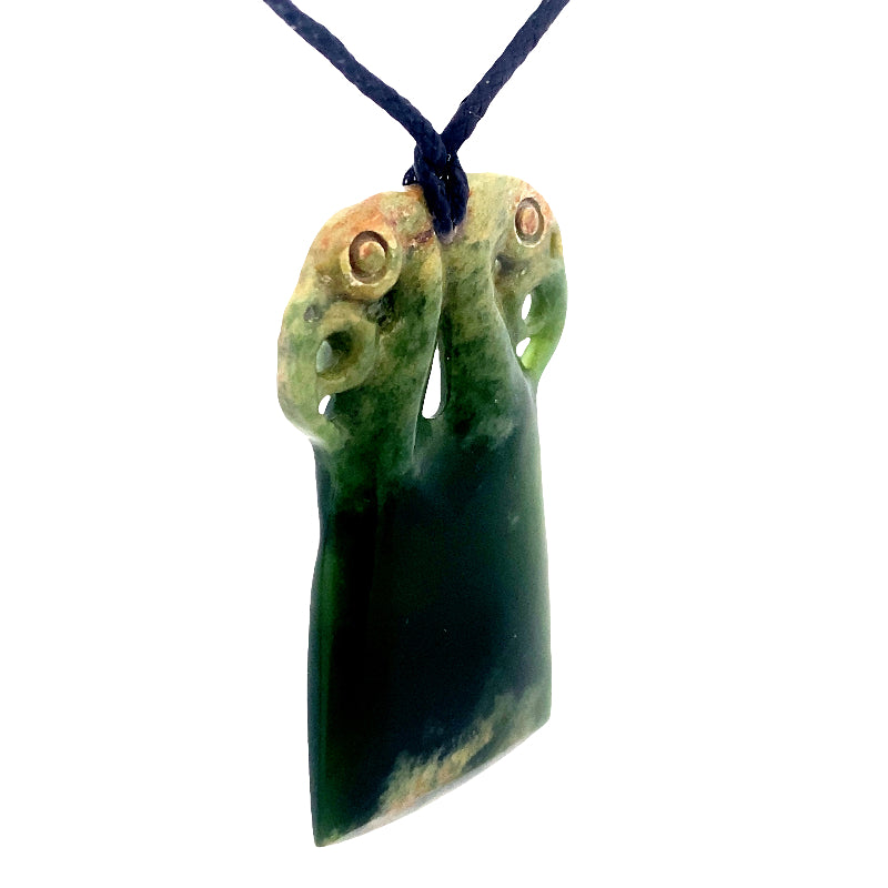 NZ pounamu greenstone bound toki with double manaia necklace on slider cord