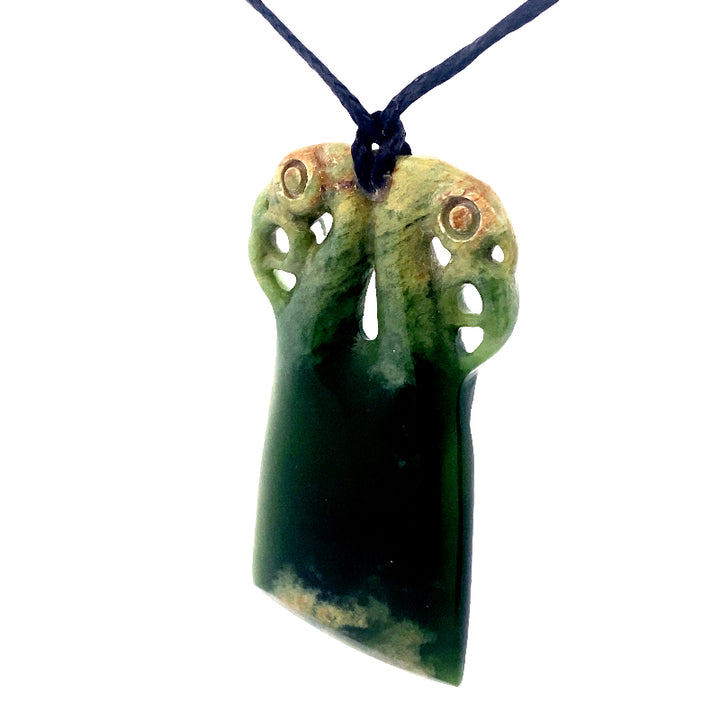 NZ pounamu greenstone bound toki with double manaia necklace on slider cord