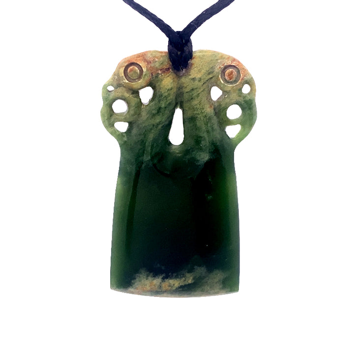 NZ pounamu greenstone bound toki with double manaia necklace on slider cord