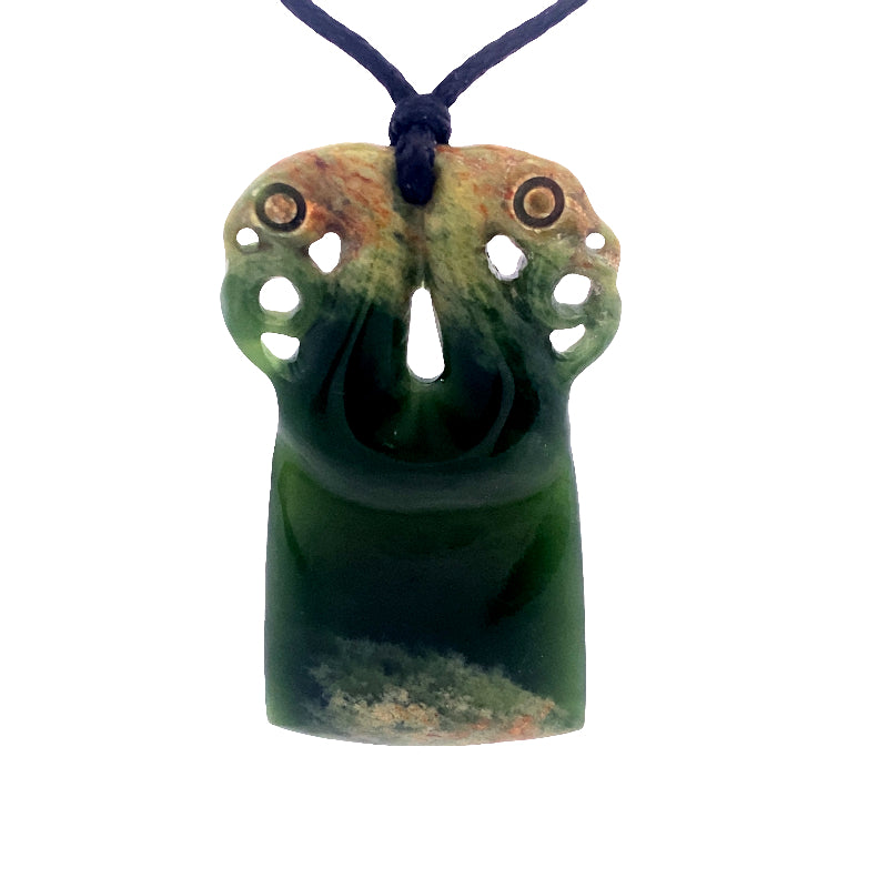 NZ pounamu greenstone bound toki with double manaia necklace on slider cord