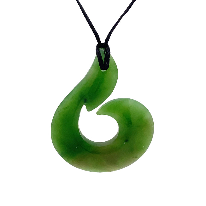 NZ pounamu greenstone hook with whaletail pendant on slider cord