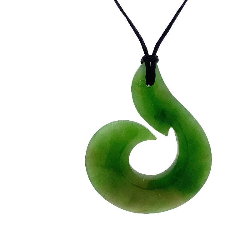 NZ pounamu greenstone hook with whaletail pendant on slider cord