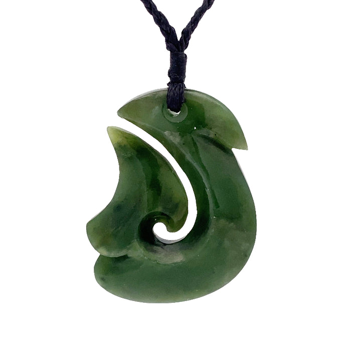 NZ pounamu greenstone fish hook pendant on slide cord