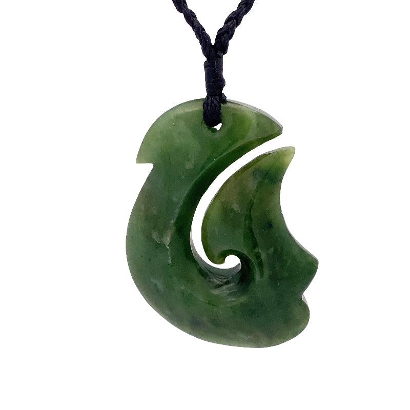 NZ pounamu greenstone fish hook pendant on slide cord