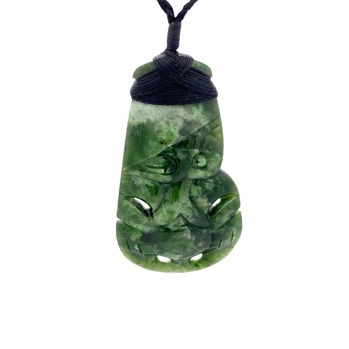 NZ pounamu greenstone bound toki with hei tiki pendant on slider cord