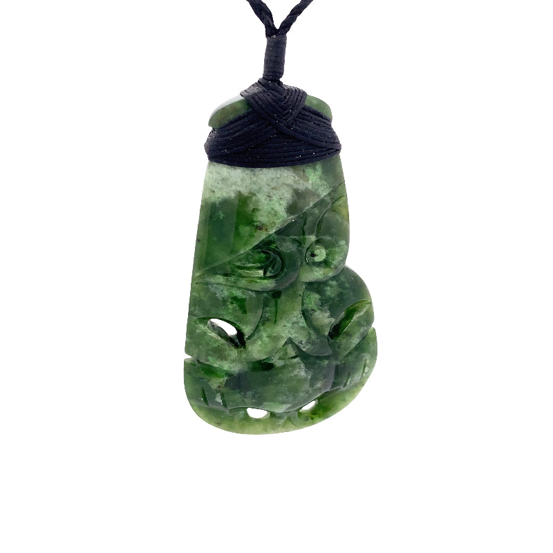 NZ pounamu greenstone bound toki with hei tiki pendant on slider cord
