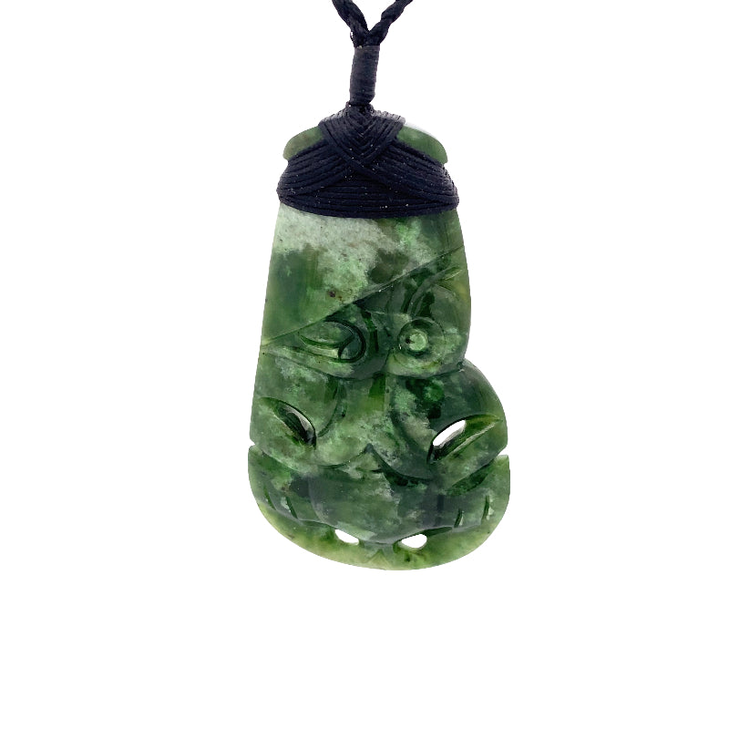 NZ pounamu greenstone bound toki with hei tiki pendant on slider cord