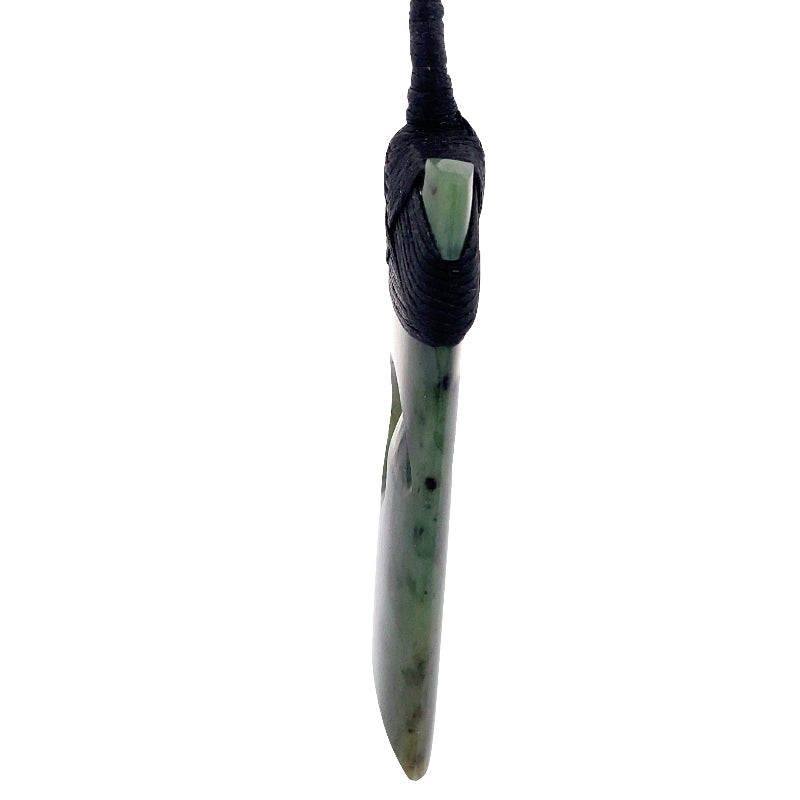 NZ pounamu greenstone toki with koru pendant on plaited slider cord