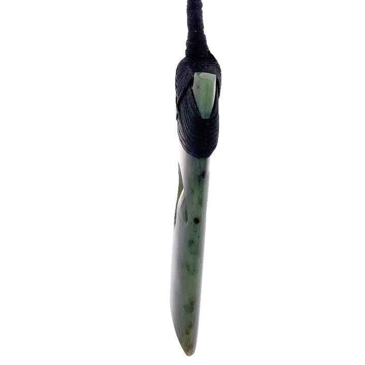 NZ pounamu greenstone toki with koru pendant on plaited slider cord