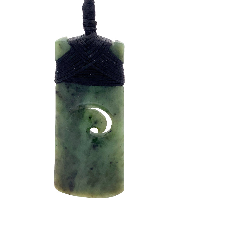 NZ pounamu greenstone toki with koru pendant on plaited slider cord