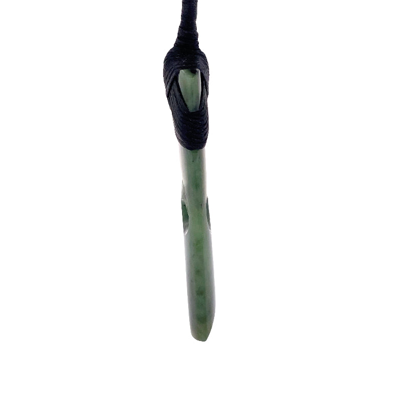 NZ pounamu greenstone toki with koru pendant on plaited slider cord
