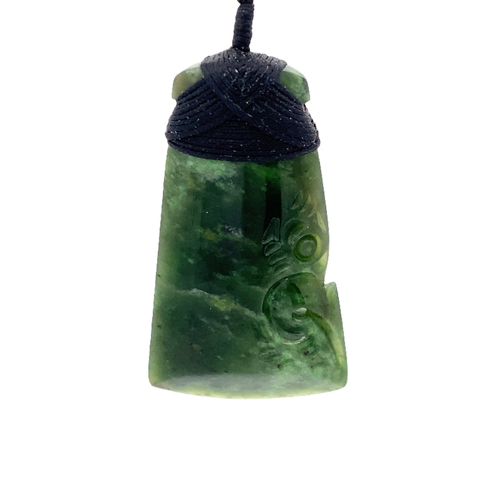 NZ pounamu greenstone bound toki with half tiki on slider cord