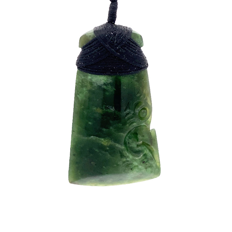 NZ pounamu greenstone bound toki with half tiki on slider cord