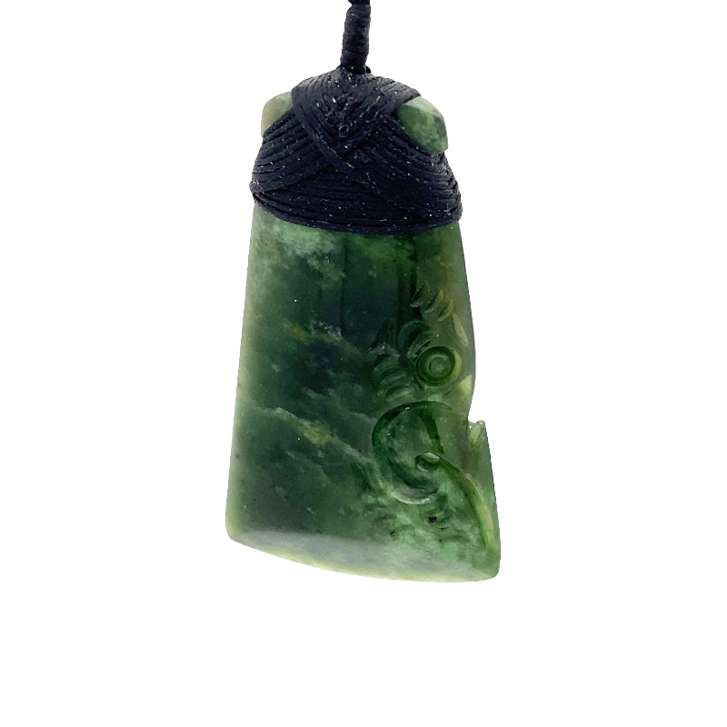 NZ pounamu greenstone bound toki with half tiki on slider cord