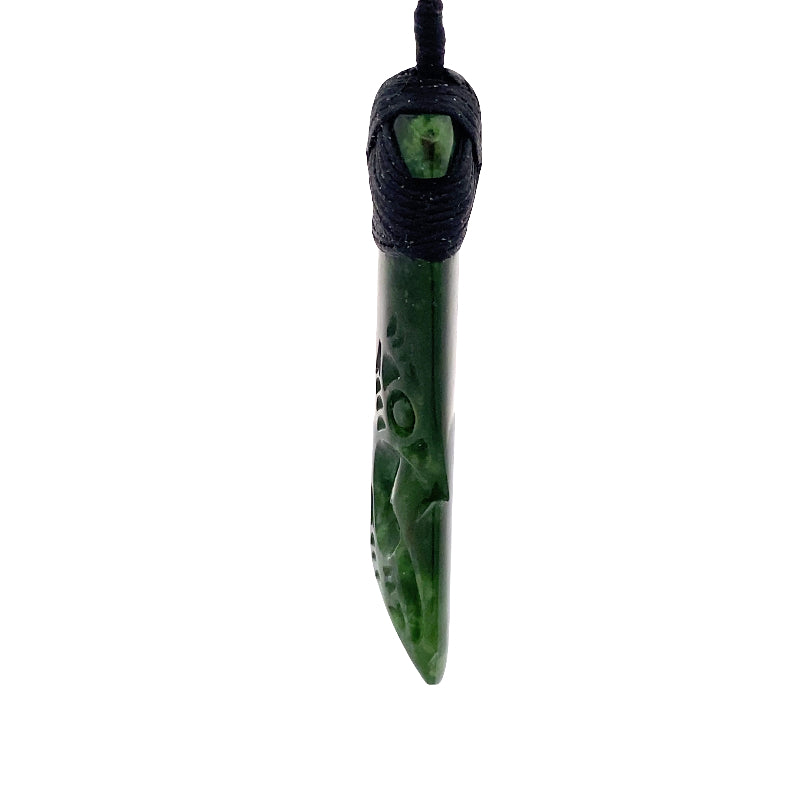 NZ pounamu greenstone bound toki with half tiki on slider cord