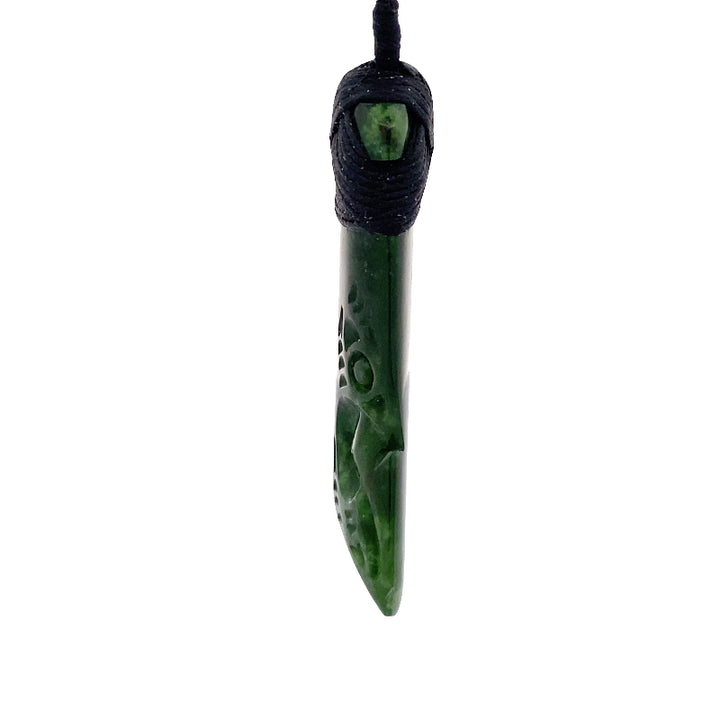 NZ pounamu greenstone bound toki with half tiki on slider cord