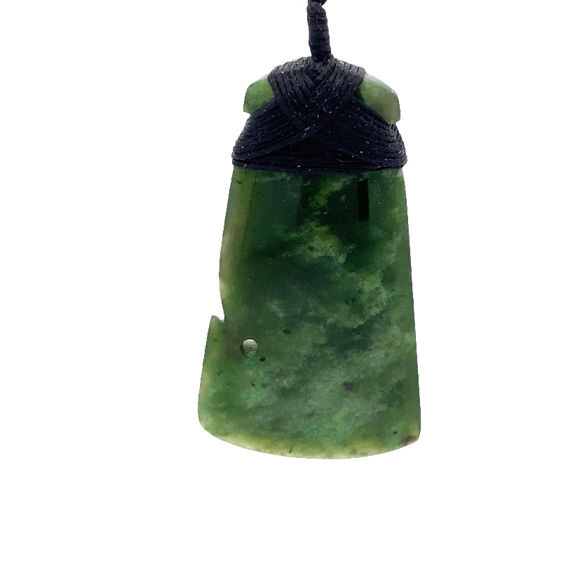 NZ pounamu greenstone bound toki with half tiki on slider cord