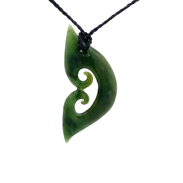 NZ pounamu greenstone double koru pendant on slider cord
