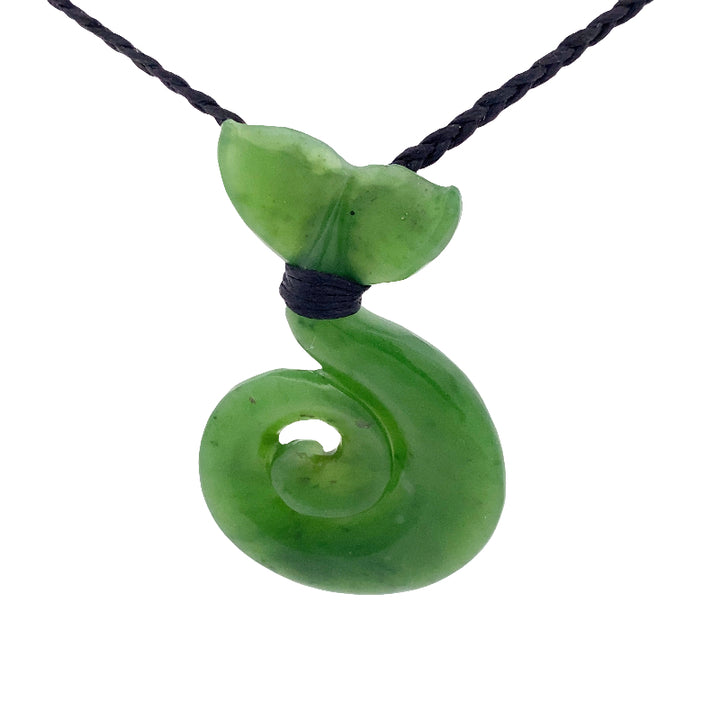 NZ pounamu greenstone whale tail pendant on slider cord