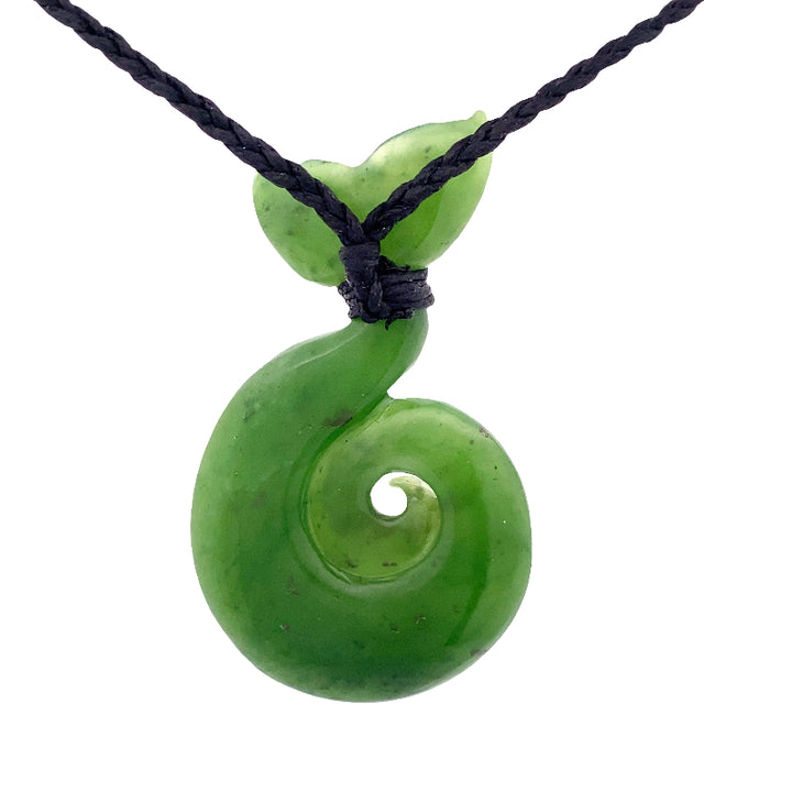NZ pounamu greenstone whale tail pendant on slider cord
