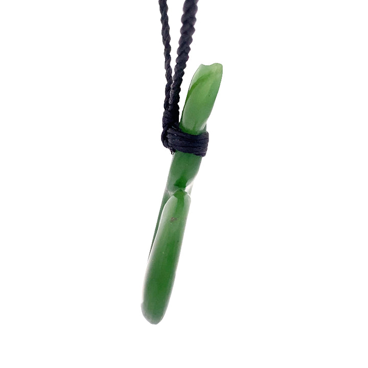 NZ pounamu greenstone whale tail pendant on slider cord