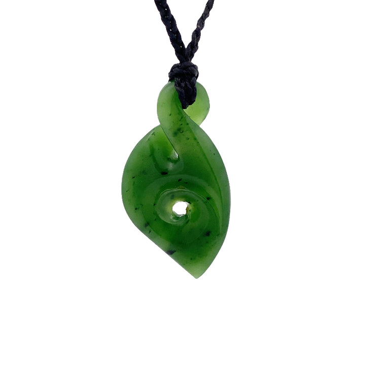 NZ pounamu greenstone single twist with koru pendant on slider cord