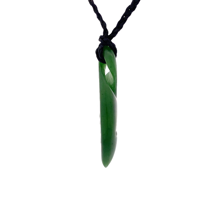 NZ pounamu greenstone single twist with koru pendant on slider cord