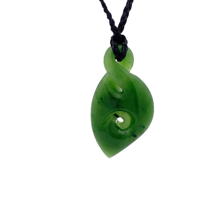 NZ pounamu greenstone single twist with koru pendant on slider cord