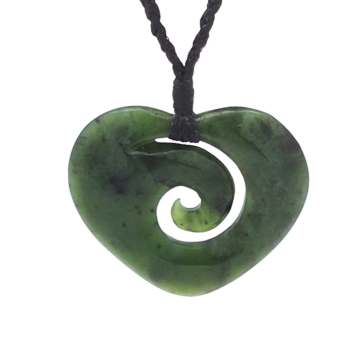 NZ pounamu greenstone heart pendant on black slider cord