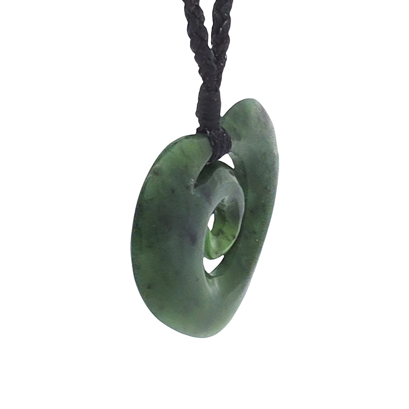 NZ pounamu greenstone heart pendant on black slider cord