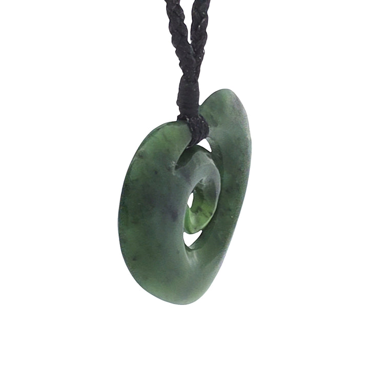 NZ pounamu greenstone heart pendant on black slider cord