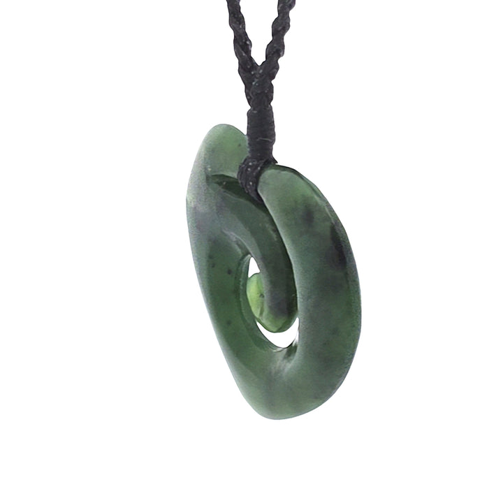 NZ pounamu greenstone heart pendant on black slider cord