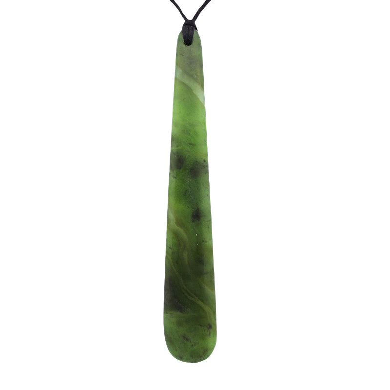 NZ pounamu greenstone drop pendant on black slider cord