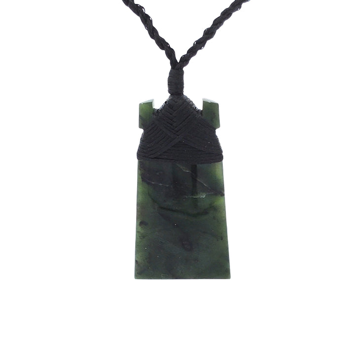 NZ pounamu greenstone bound toki pendant on black slider cord
