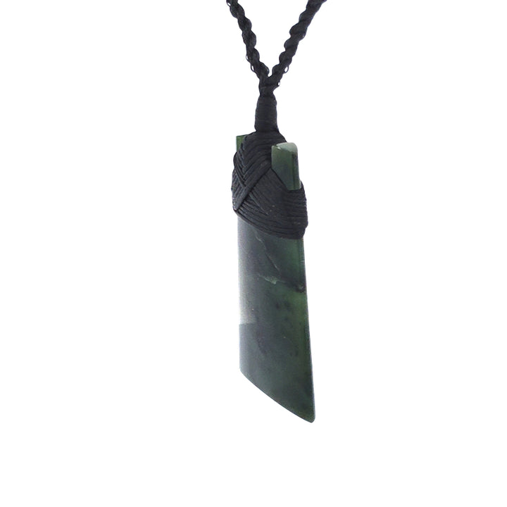 NZ pounamu greenstone bound toki pendant on black slider cord
