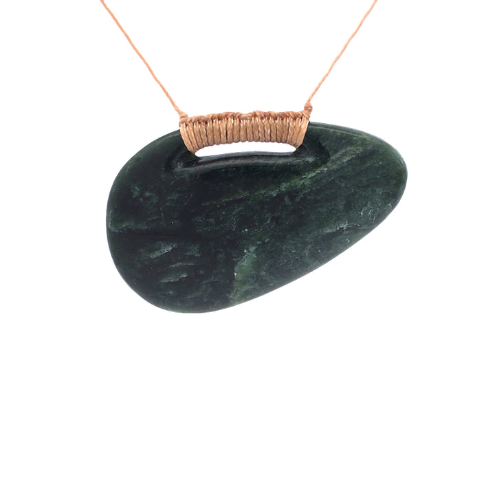 NZ pounamu greenstone freeform drop pendant bound on natural slider cord