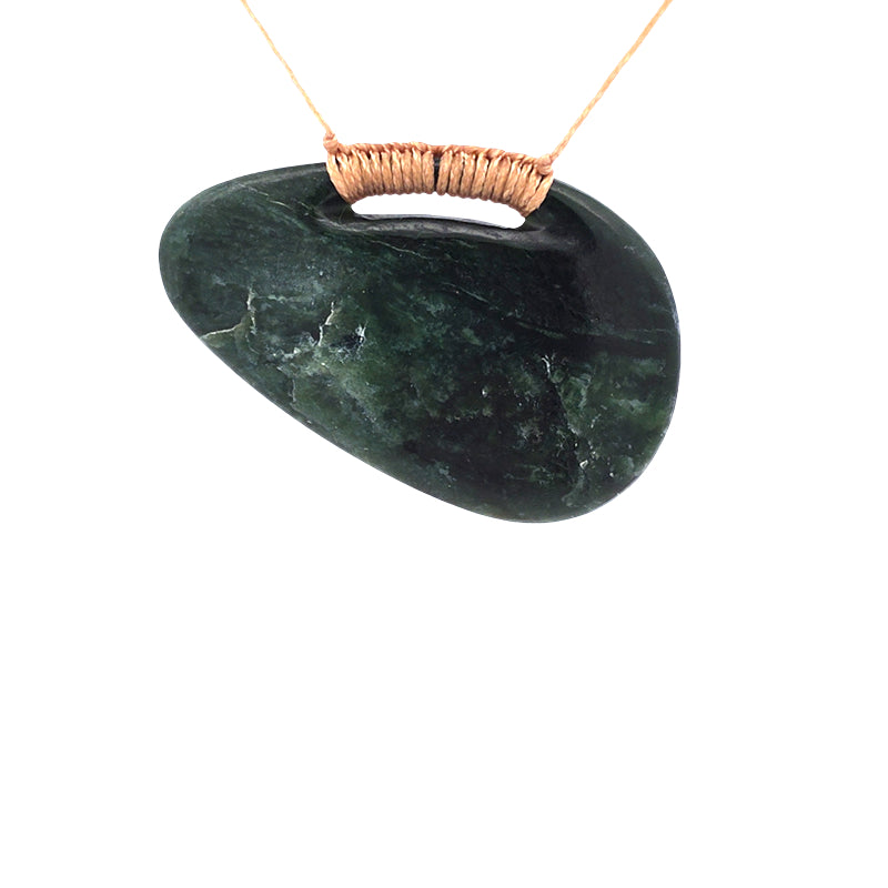 NZ pounamu greenstone freeform drop pendant bound on natural slider cord